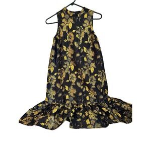 By Anthropologie‎ Floral Print Ruffle Hem Sleeveless Dress Black Gold Womens XS